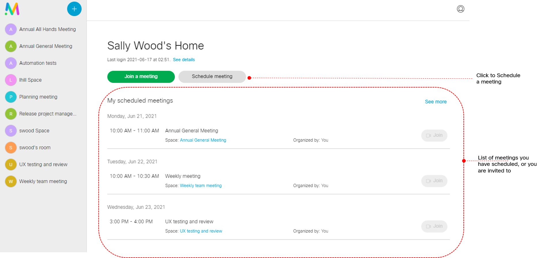 Schedule meeting page shown list of scheduled or invited meetings